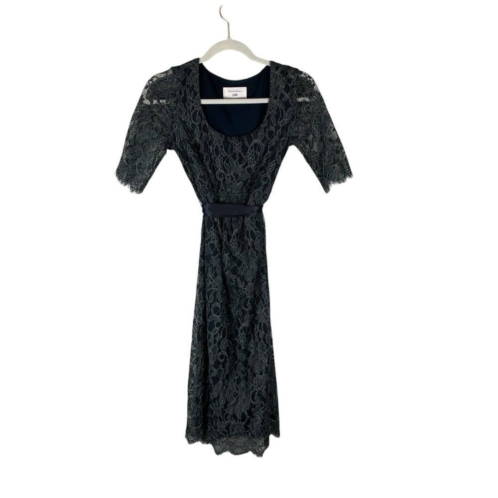 Seraphine Luxe Teal Lace Maternity Dress with Silk Sash Belt Size 2 - Picture 3 of 9